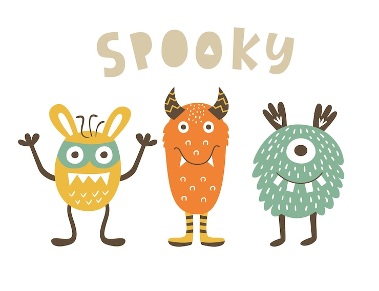 Vettore personaggi mostruosi spettrali e carini isolati su bianco modello tipografico per adesivo poster di halloween
