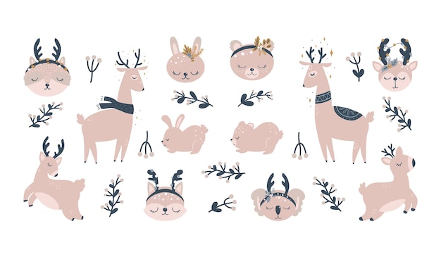 Personaggi natalizi - animali. Simpatici personaggi di Woodland, orso, volpe, procione, cervo. Illustrazione vettoriale