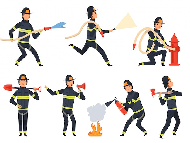 Personaggi pompiere, salvataggio dei vigili del fuoco salvando aiutare le persone acqua e fuoco mascotte in azione pone
