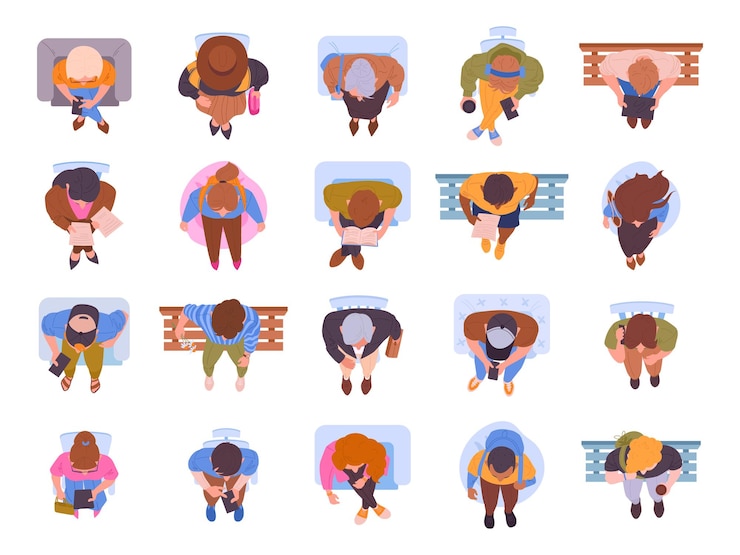 Vettore personaggi seduti vista dall'alto persone sedute su sedie poltrone o panchina vista superiore uomini e donne che leggono o lavorano con gadget set di illustrazioni vettoriali piatte persone seduti vista superiore