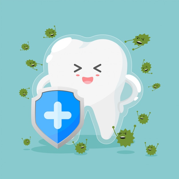 Personaggi simpatici denti in stile piatto. denti sani e scudo, batteri anti-carie e protezione.