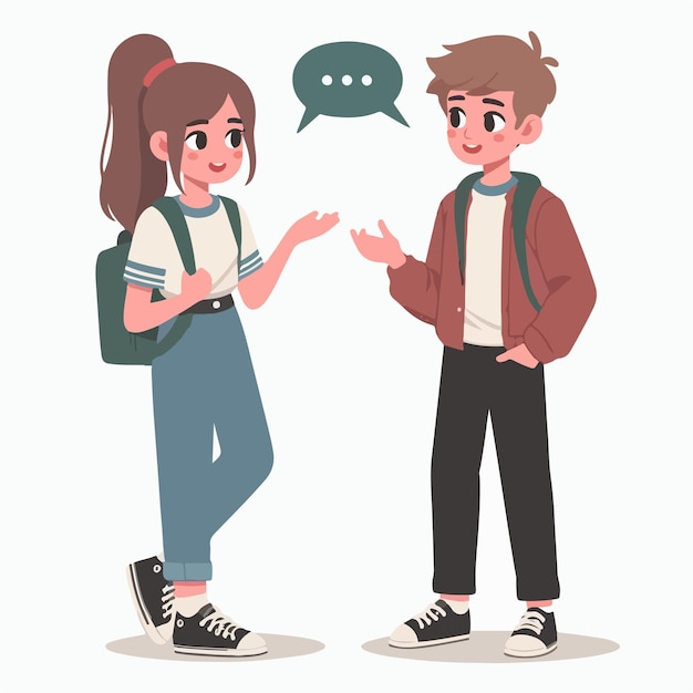 Personaggi vettoriali di una coppia di adolescenti che parlano in uno stile di design piatto semplice e minimalista