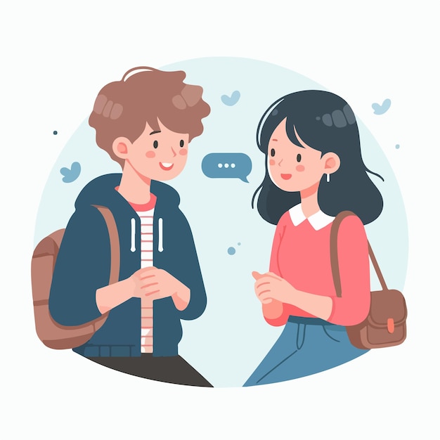 Personaggi vettoriali di una coppia di adolescenti che parlano in uno stile di design piatto semplice e minimalista