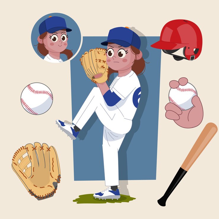 Personaggio 2d dell'atleta di baseball del lanciatore della donna pronto per l'animazione completo di attrezzatura sportiva