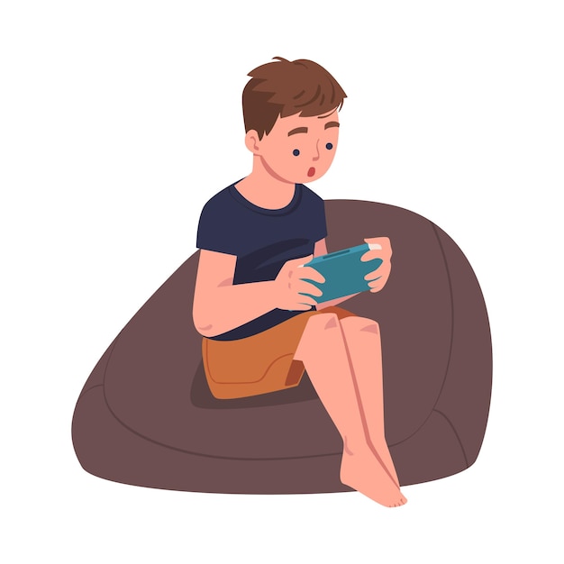 Personaggio adolescente con dispositivo digitale seduto in poltrona che soffre di dipendenza da Internet Illustrazione vettoriale