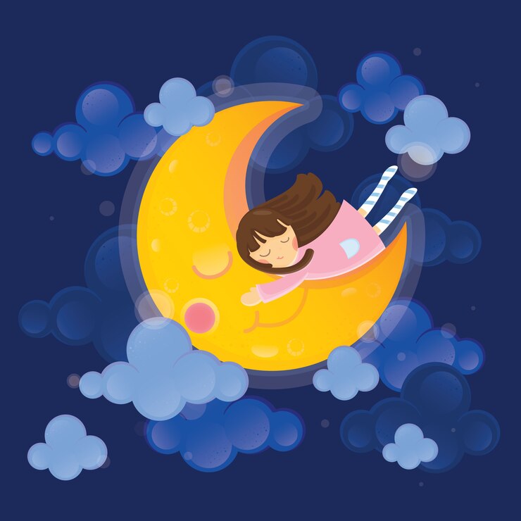 Personaggio carino illustrazione. Ragazza con la luna sul cielo scuro