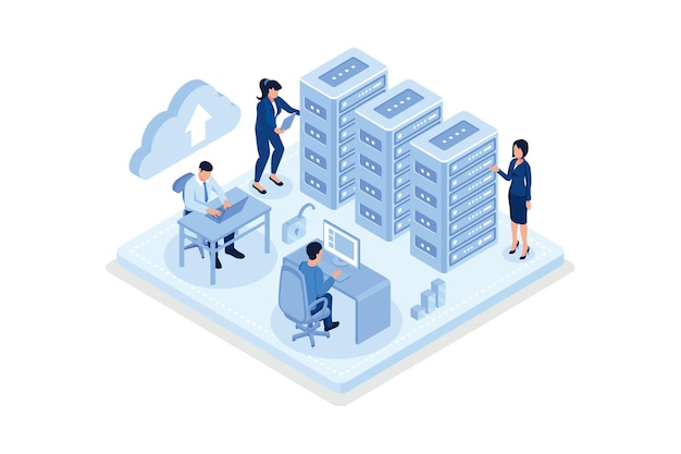 Personaggio che rimane vicino al pannello di controllo e gestisce file e dati sul server web cloud. web hosting