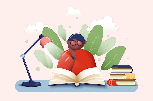 Personaggio con gli occhiali che legge un grande libro accanto a una pila di libri Sfondo di piante e nuvole