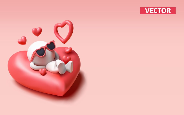 Vettore personaggio concettuale d'amore che si innamora sorridendo sul cuore cuscino dormiente vettore 3d
