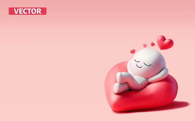 Personaggio concettuale d'amore che si innamora sorridendo sul cuore cuscino dormiente vettore 3D