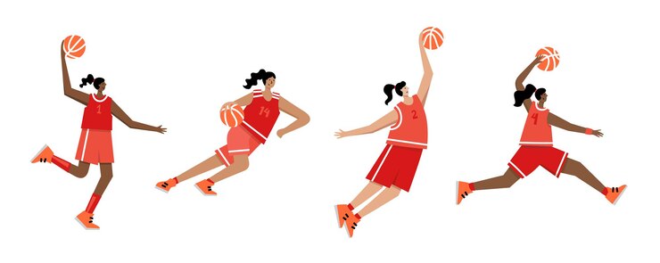 Personaggio d'azione dei cartoni animati di donna adulta. Giocatore di basket con illustrazione vettoriale piatto palla isolato