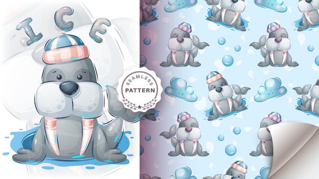 Personaggio dei cartoni animati adorabile divertente tricheco grazioso animale