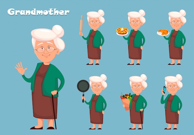 Personaggio dei cartoni animati della nonna, set di sette pose