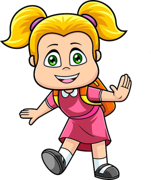 Personaggio dei cartoni animati della ragazza della scuola felice con lo zaino. Illustrazione disegnata a mano di vettore