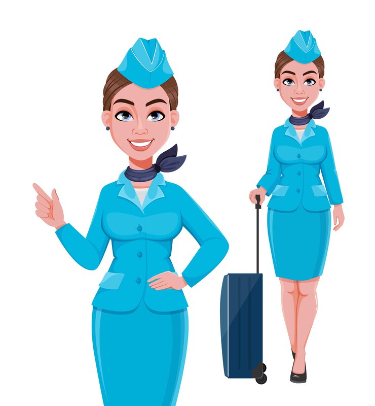 Vettore personaggio dei cartoni animati di bella donna hostess in uniforme professionale