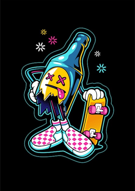 Personaggio dei cartoni animati di bottiglia e skateboard