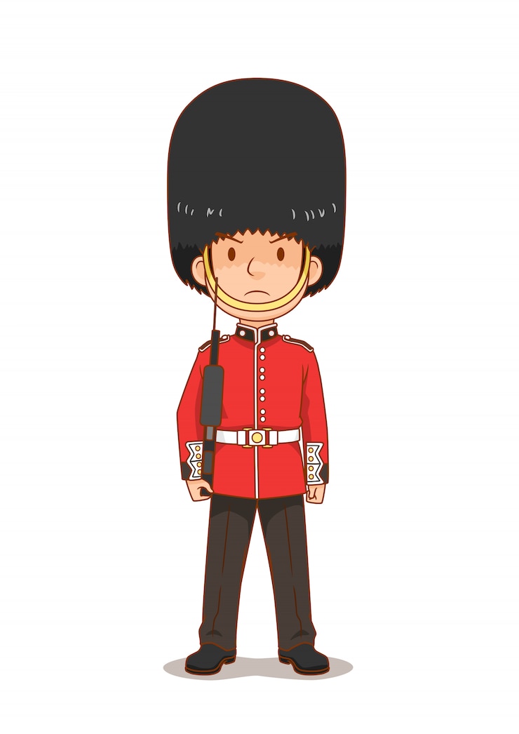 Vettore personaggio dei cartoni animati di british royal guard in uniforme tradizionale