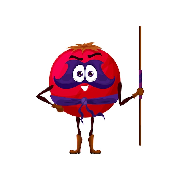 Personaggio dei cartoni animati di Cowberry defender Personaggio bacca divertente in maschera che indossa la cintura e stivali armati di personale Supereroe Cowberry o divertente personaggio vettoriale comico del guerriero mirtillo rosso