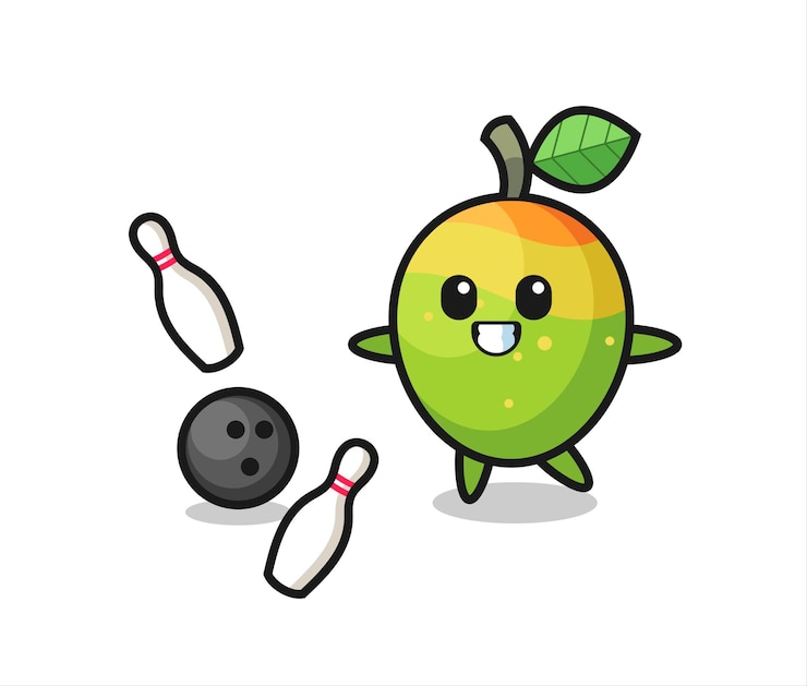 Vettore personaggio dei cartoni animati di mango sta giocando a bowling, design in stile carino per maglietta, adesivo, elemento logo
