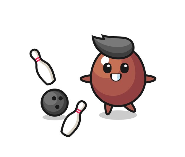 Personaggio dei cartoni animati di uovo di cioccolato sta giocando a bowling