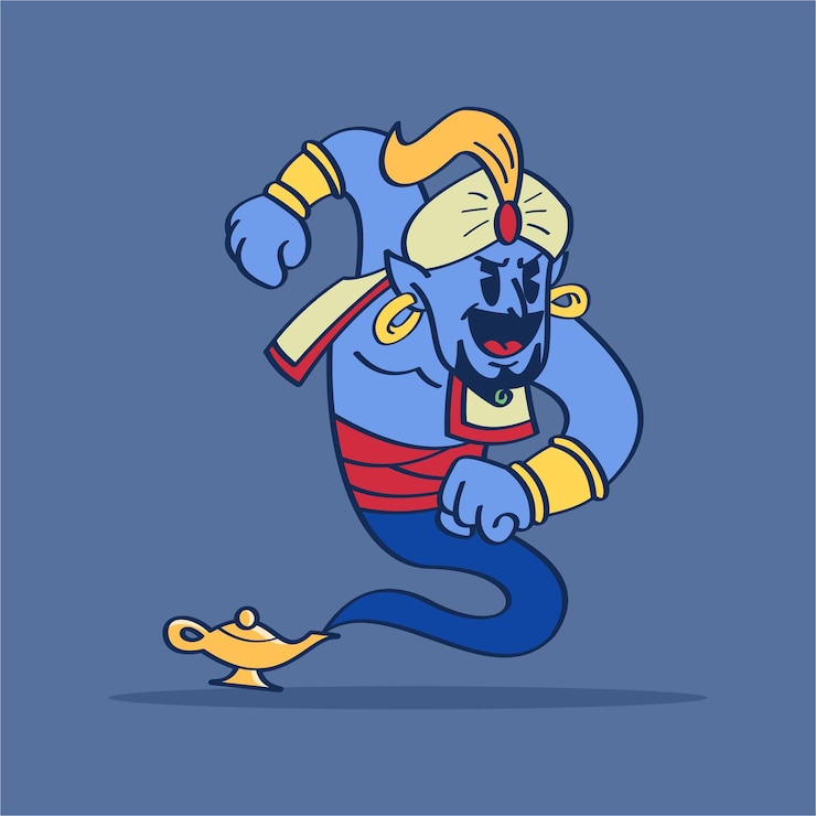 Vettore personaggio dei cartoni animati genie djin dal genio del film che balla disegno a mano illustrazione vettoriale