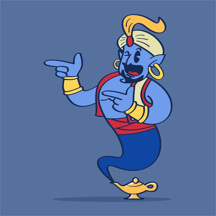 Vettore personaggio dei cartoni animati genie djin del film genie strizzato l'occhio disegno vettoriale stile vintage a mano