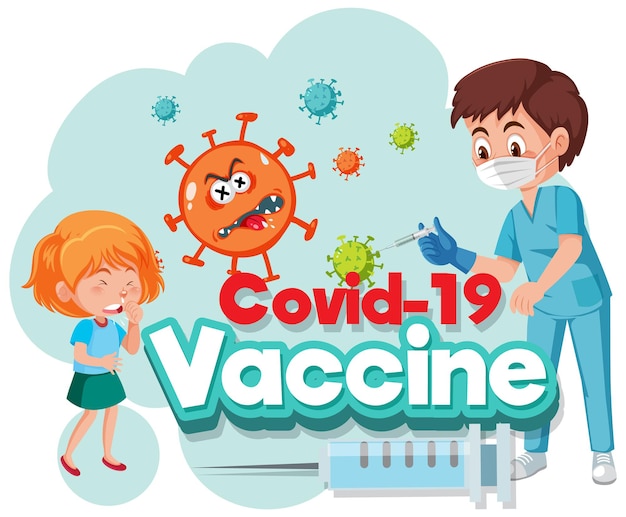 Personaggio dei cartoni animati medico e bambino paziente con carattere vaccino Covid-19