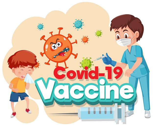 Personaggio dei cartoni animati medico e bambino paziente con carattere vaccino Covid-19