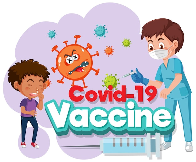 Personaggio dei cartoni animati medico e bambino paziente con carattere vaccino Covid-19
