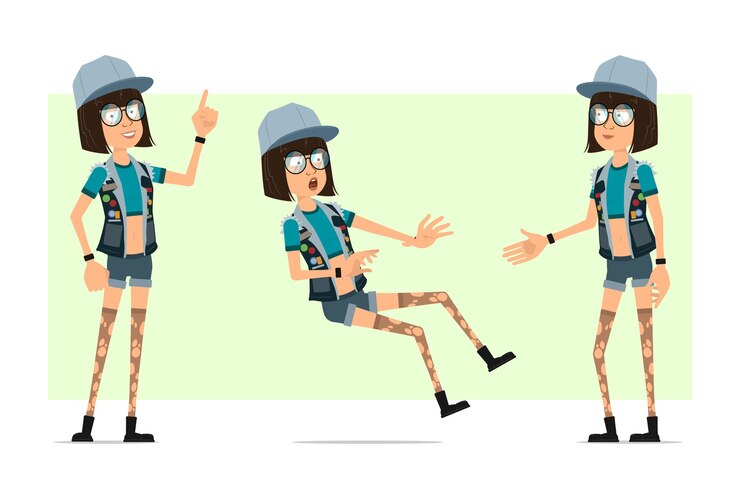 Vettore personaggio dei cartoni animati piatto hipster ragazza in berretto da camionista, occhiali e pantaloncini di jeans. ragazza che cade indietro, stringe la mano, mostrando segno di attenzione.