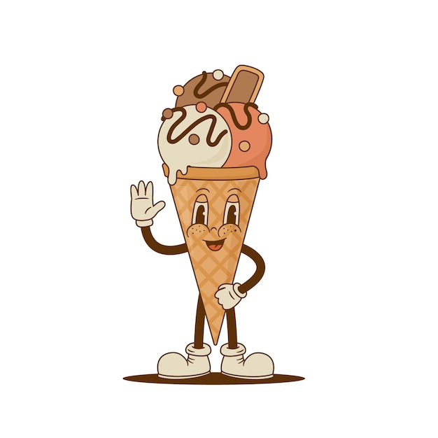 Personaggio dei cartoni animati retrò cono gelato Mascotte cibo dolce vintage Nostalgia anni '60 anni '70 anni '80
