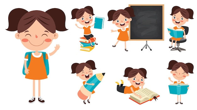 Personaggio dei cartoni animati studiando e imparando