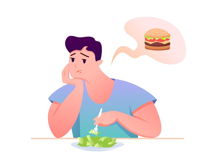 Personaggio dei cartoni animati uomo seduto a tavola, mangiare cibo sano dieta, sognando hamburger malsano