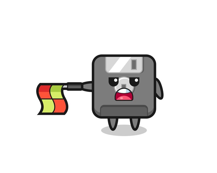 Vettore personaggio del floppy disk come giudice di linea tiene la bandiera diritta orizzontalmente