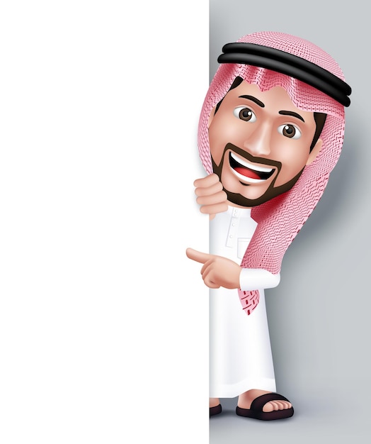 Personaggio dell'uomo arabo saudita sorridente realistico in gesto di posa 3D con abito Thobe