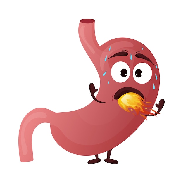 Personaggio dello stomaco dei cartoni animati Concetto di bruciore di stomaco dell'organo umano interno malato Illustrazione vettoriale
