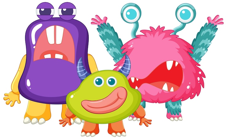 Vettore personaggio di cartone animato alien monster friends unite
