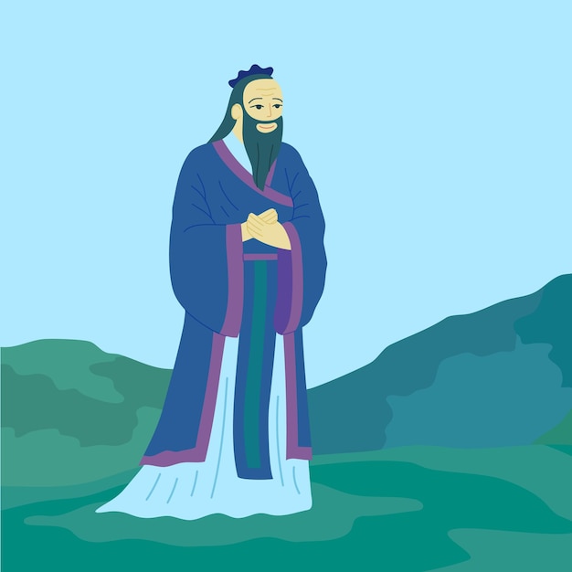 Personaggio di cartone animato Colore Uomo Confucio Filosofo dell'Asia orientale Vettore