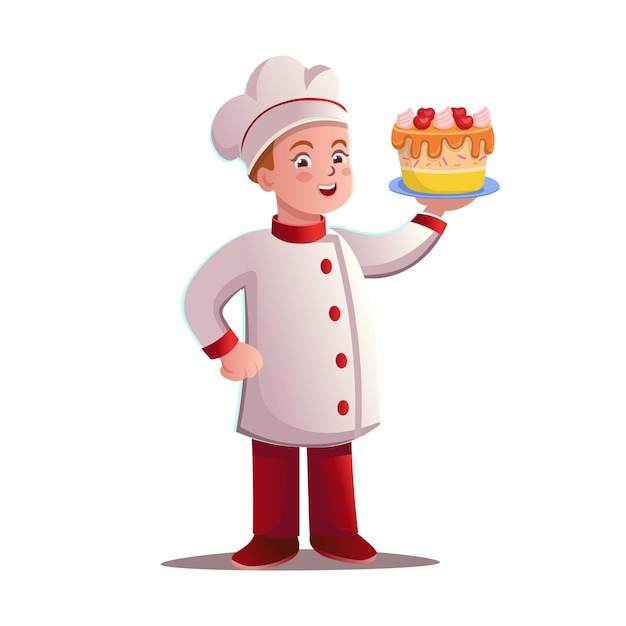 Personaggio di cartone animato cuoco con una torta Illustrazione vettoriale