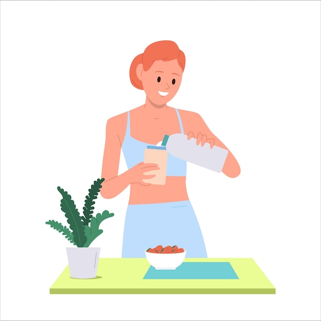 Personaggio di cartone animato di fitness che mangia un cocktail naturale di fragole e proteine del latte a colazione