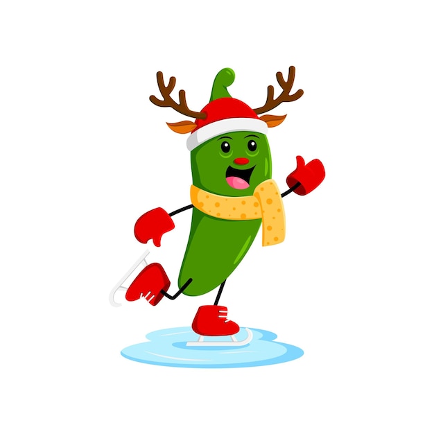 Personaggio di cartone animato di Natale tex mexican jalapeno che pattina sulla pista di pattinaggio durante le vacanze invernali. Personaggio vettoriale isolato di peperoncino verde o pepe di guindilla che indossa corna di renna, pattini e sciarpa