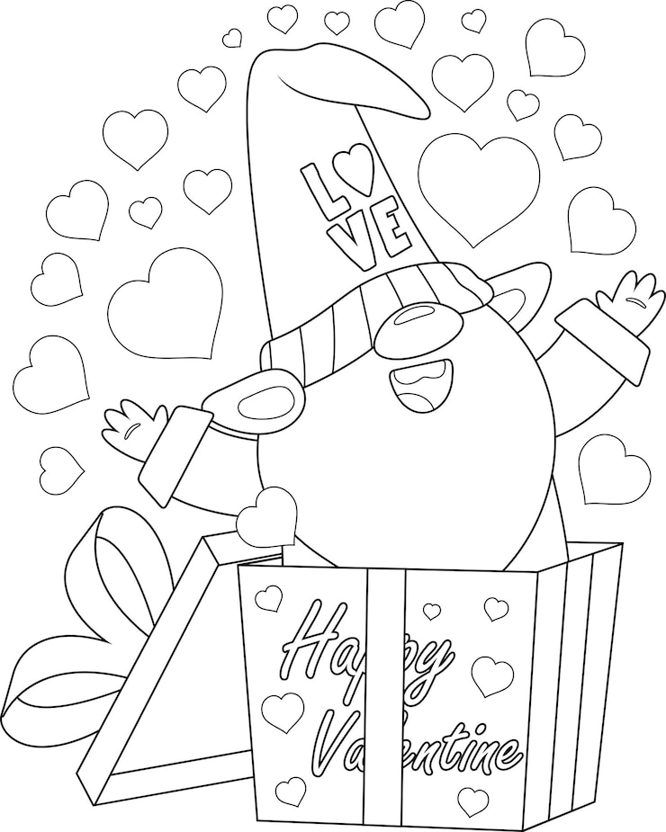 Vettore personaggio di cartone animato di valentine gnome esce dalla scatola regalo dell'amore con i cuori
