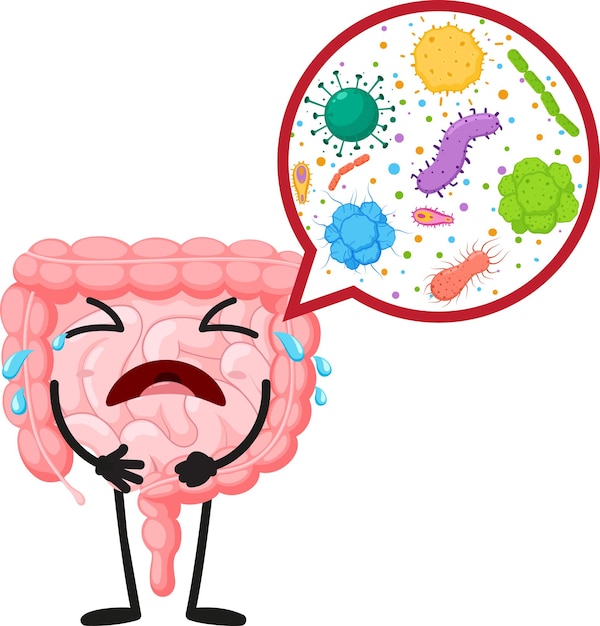 Personaggio di cartone animato malato di intestino isolato su sfondo bianco