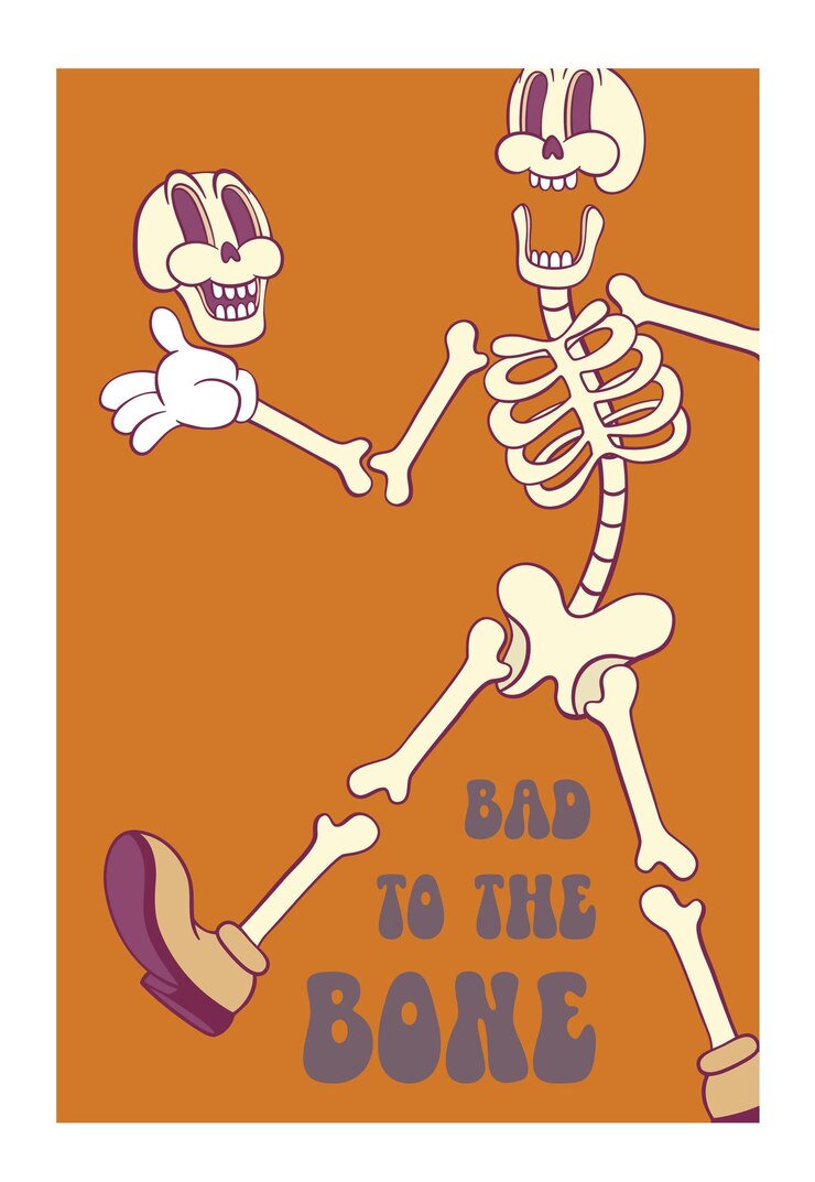 Vettore personaggio di cartone animato retro groovy skeleton