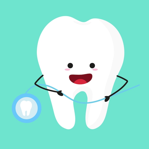 personaggio di cartone animato vettoriale con filo interdentale illustrazione dentale per bambini