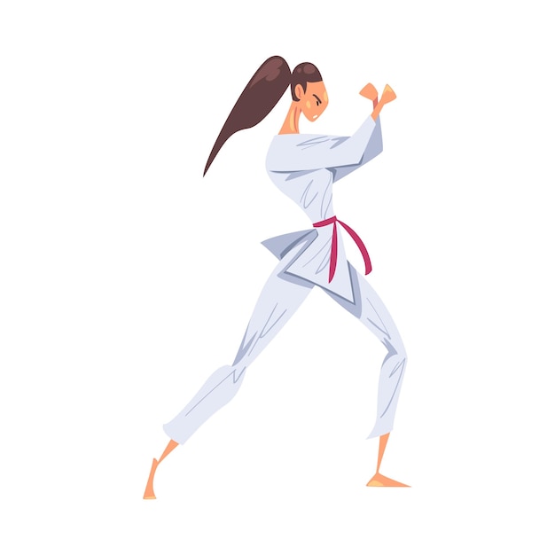 Personaggio di combattimento di karate femminile che pratica l'arte marziale tradizionale giapponese Illustrazione vettoriale in stile cartone animato