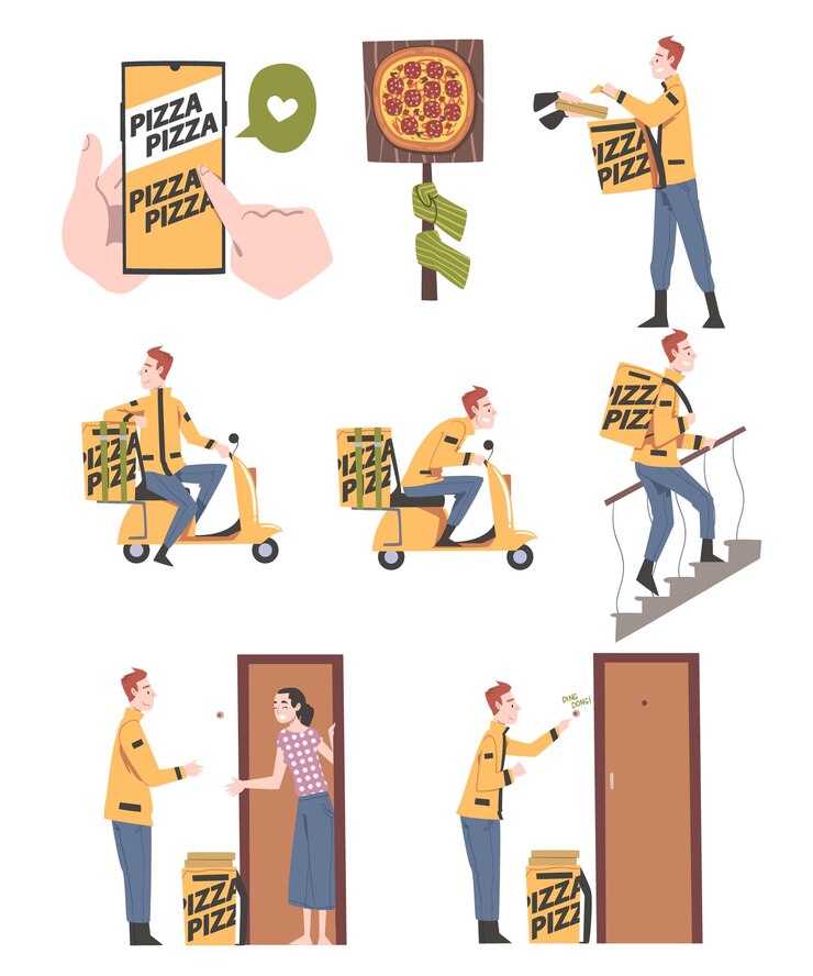 Vettore personaggio di corriere maschile che consegna la pizza ai clienti servizio di consegna della pizza illustrazione vettoriale in stile cartone animato