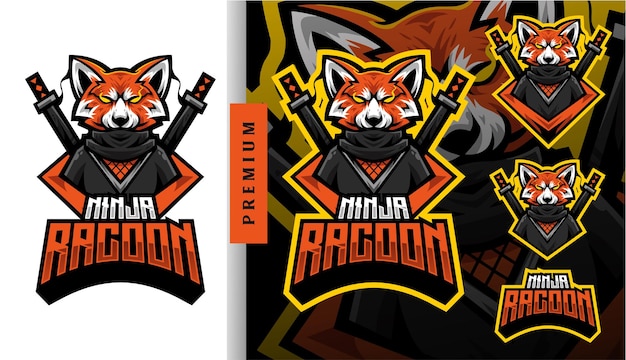 Personaggio di design del logo esport della mascotte di gioco Ninja Raccoon