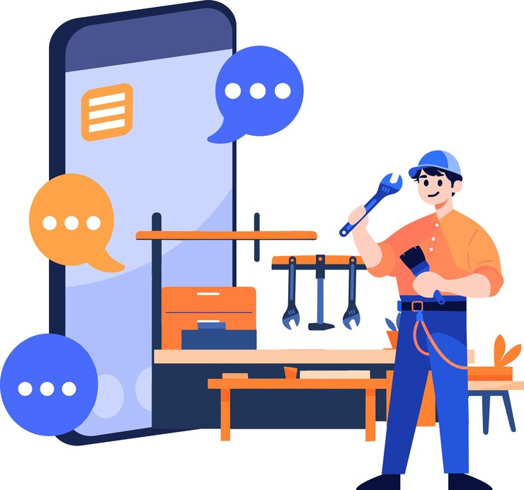 Vettore personaggio di ingegnere o riparatore disegnato a mano con smartphone in un concetto di riparazione online in stile piatto isolato sullo sfondo