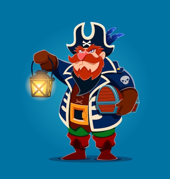 Personaggio di pirata dei cartoni animati con un baule del tesoro